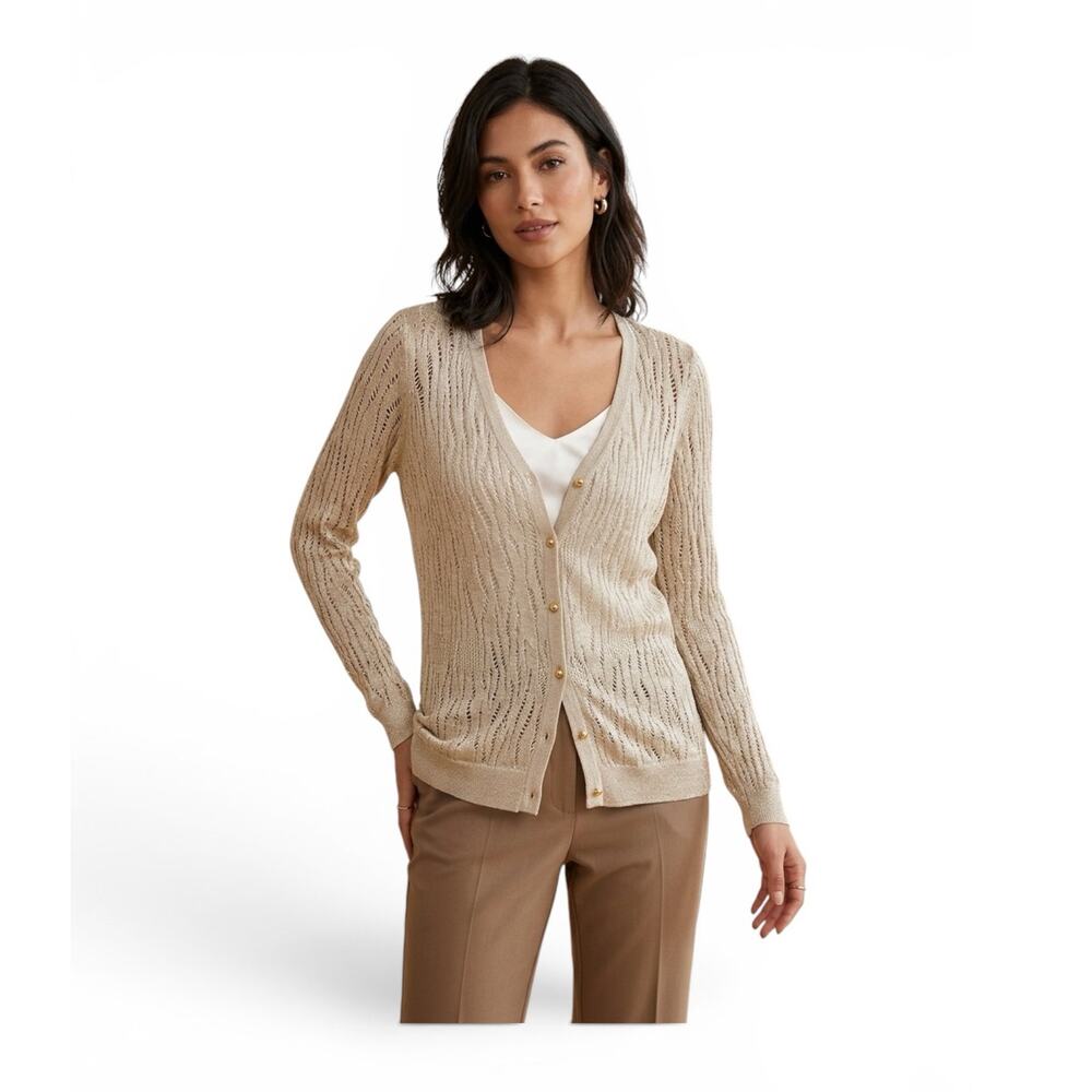 Belldini Pointelle knit cardigan sweater in champagne with gold thread NWT 1X